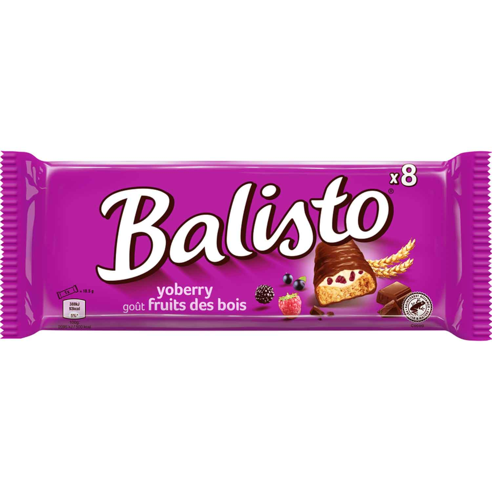 Balisto Barre de biscuits complets au yaourt et aux baies avec chocolat au lait 8 pièces