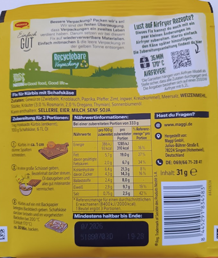 Maggi Fix per zucca al forno con formaggio di pecora 31g / 1.09oz