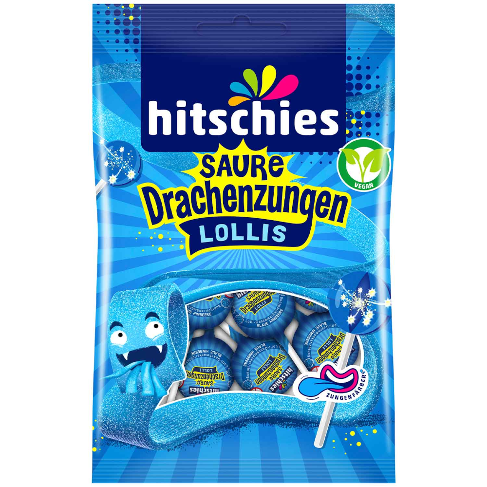 hitschies Saure Drachenzungen Blau Lollis Vegan 128g / 4.51oz MHD: 09/2026