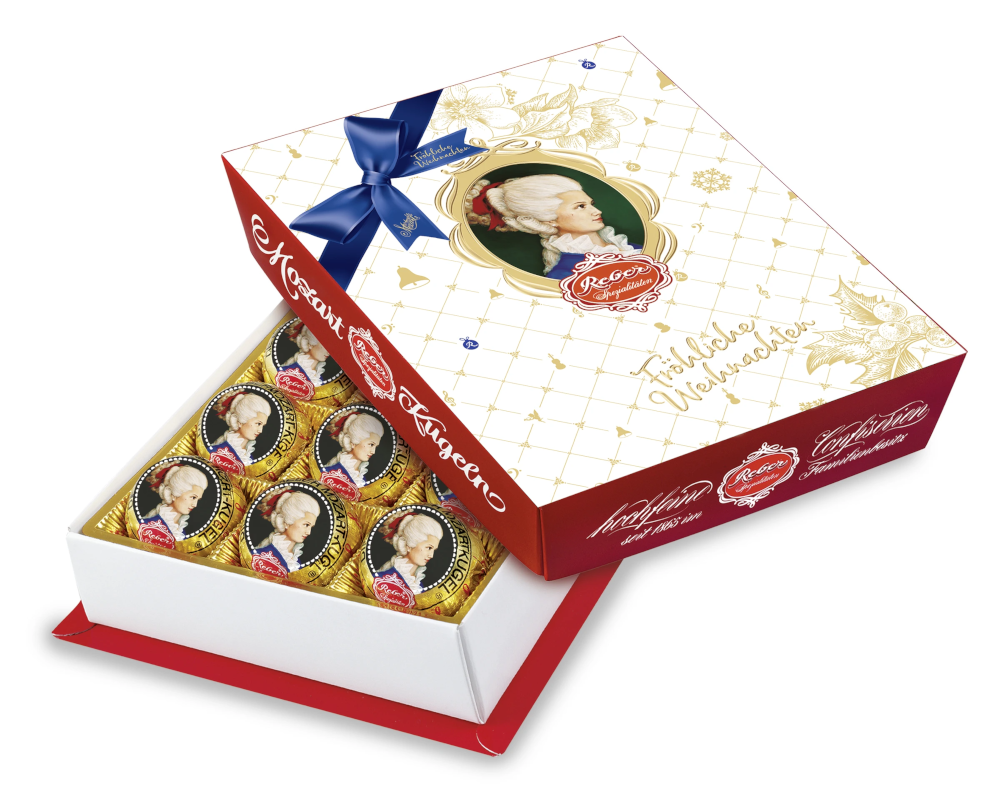 Reber Constanze Mozart-Kugeln 12 Stück mit Weihnachtsaufleger 240g / 8.47oz