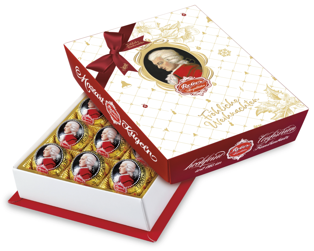 Reber Mozart-Barock Kugeln 12 Stück mit Weihnachtsaufleger 240g / 8.47oz