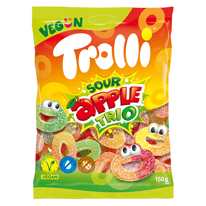 Trolli Sour Apple Trio Gummy Candies, vegan 150g